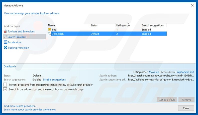 Removing search.yourmapsnow.com from Internet Explorer default search engine