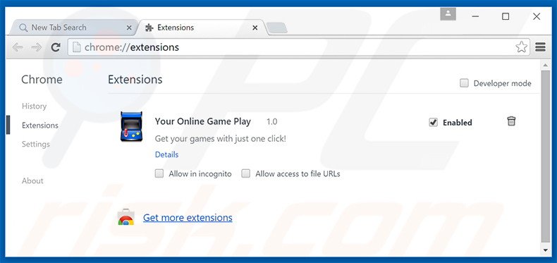 Suppression des extensions reliées à search.youronlinegameplay.com dans Google Chrome 