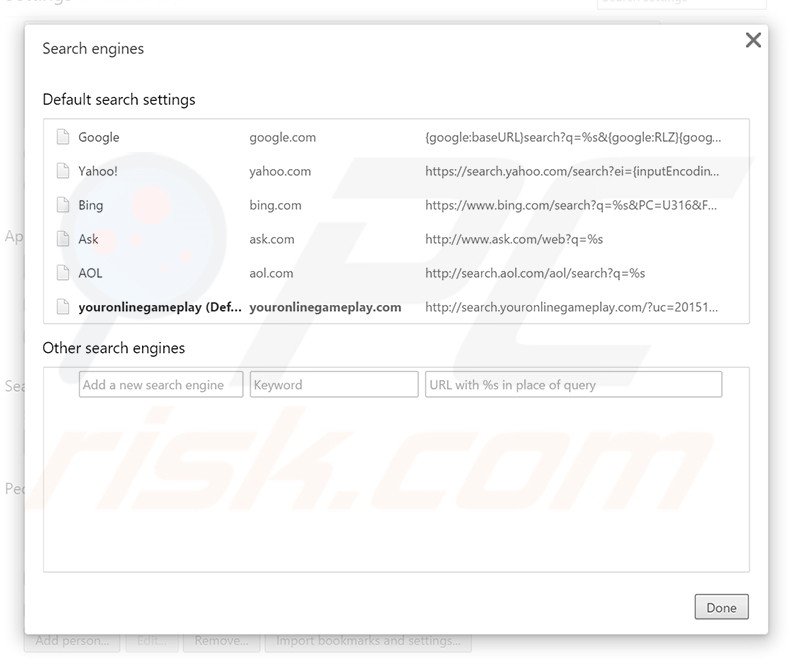 Suppression du moteur de recherche par défaut de search.youronlinegameplay.com dans Google Chrome