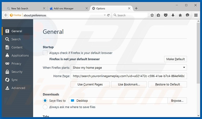 Suppression de la page d'accueil de search.youronlinegameplay.com dans Mozilla Firefox 