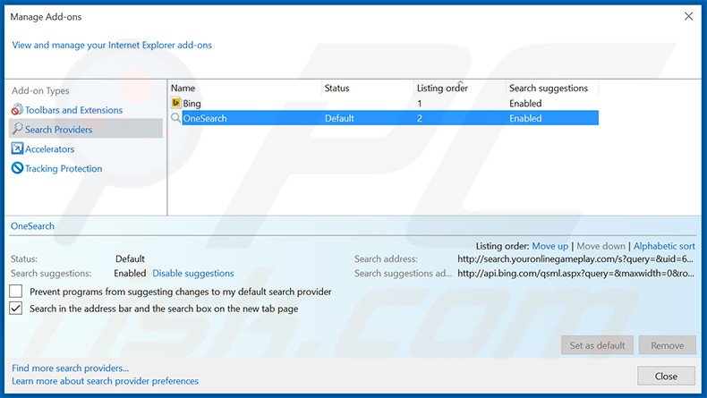 Suppression du moteur de recherche par défaut de search.youronlinegameplay.com dans Internet Explorer