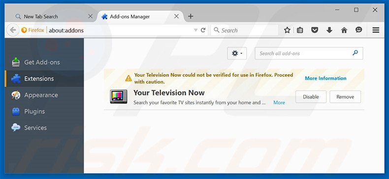 Suppression des extensions reliées à search.yourtelevisionnow.com dans Mozilla Firefox 
