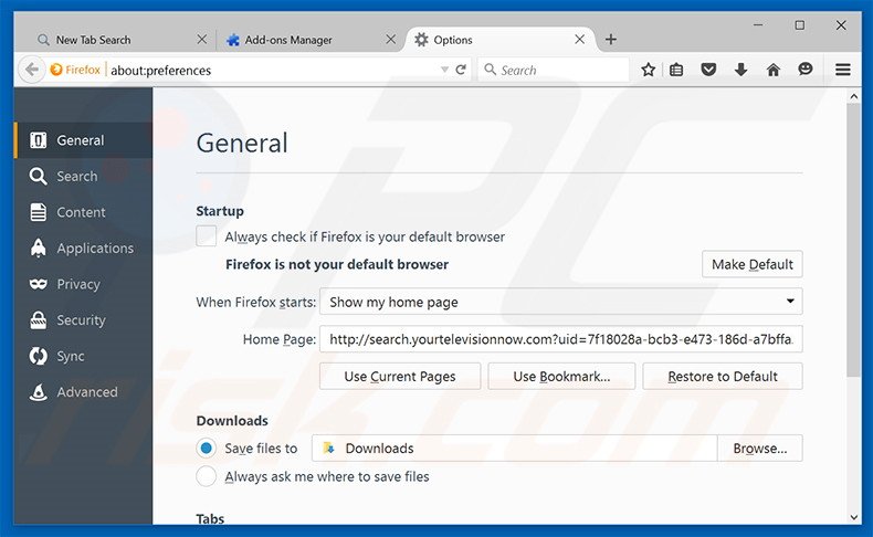 Suppression de la page d'accueil de search.yourtelevisionnow.com dans Mozilla Firefox 