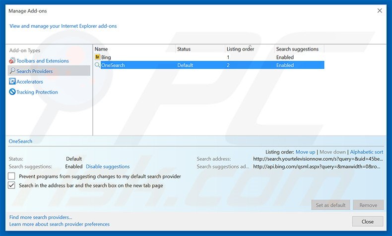 Suppression du moteur de recherche par défaut de search.yourtelevisionnow.com dans Internet Explorer 