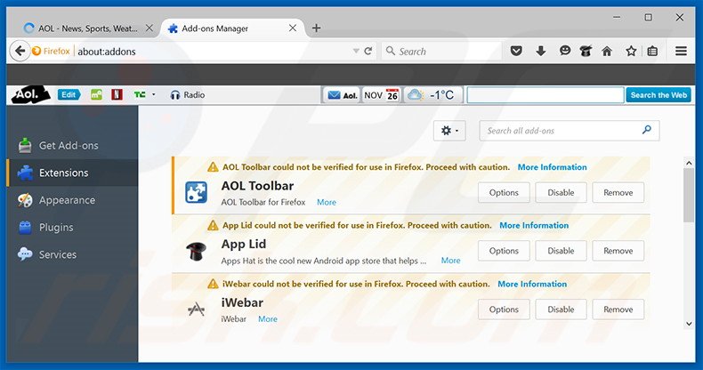 Suppression des extensions reliées à search.aol.com dans Mozilla Firefox 