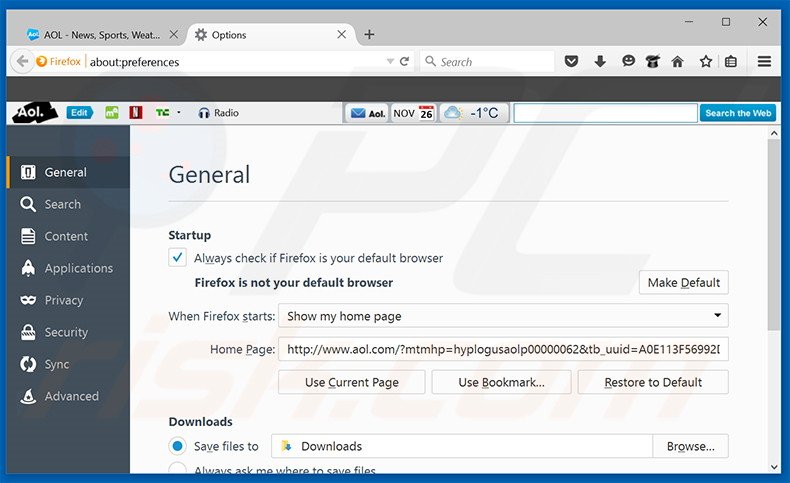 Suppression de la page d'accueil de search.aol.com dans Mozilla Firefox