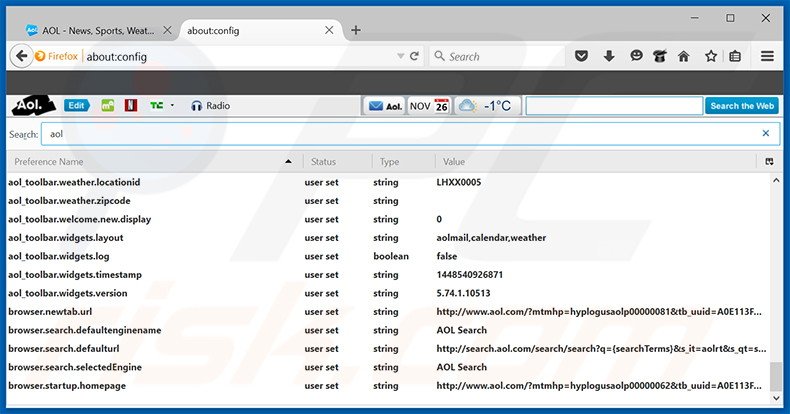 Suppression du moteur de recherche par défaut de search.aol.com dans Mozilla Firefox 