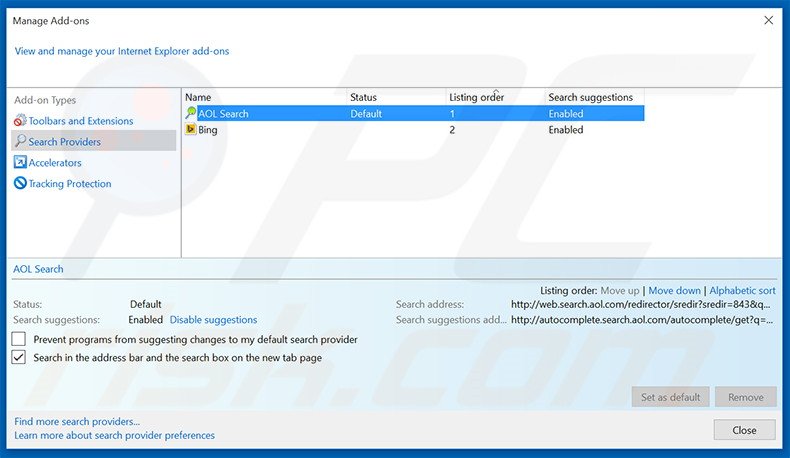 Suppression du moteur de recherche par défaut de search.aol.com dans Internet Explorer 