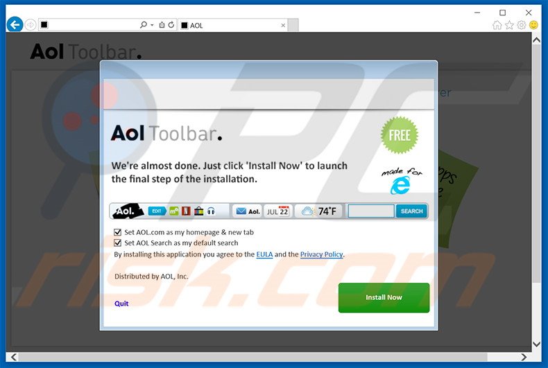 Site web utilisé pour publiciser le pirate de navigateur barre d'outils AOL 