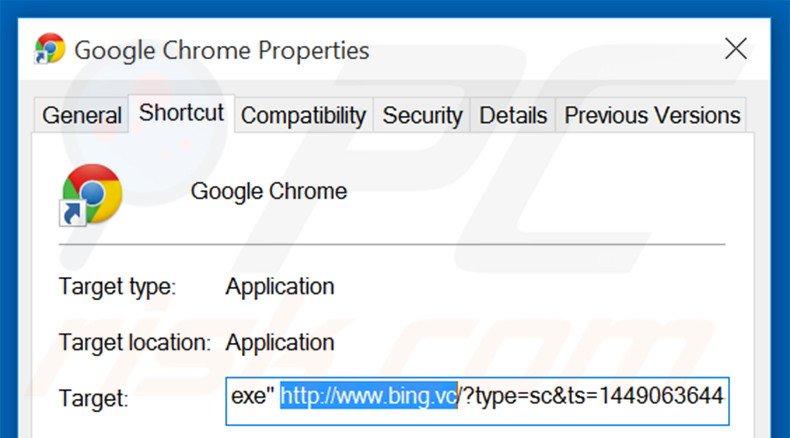 Suppression du raccourci cible de bing.vc dans Google Chrome étape 2