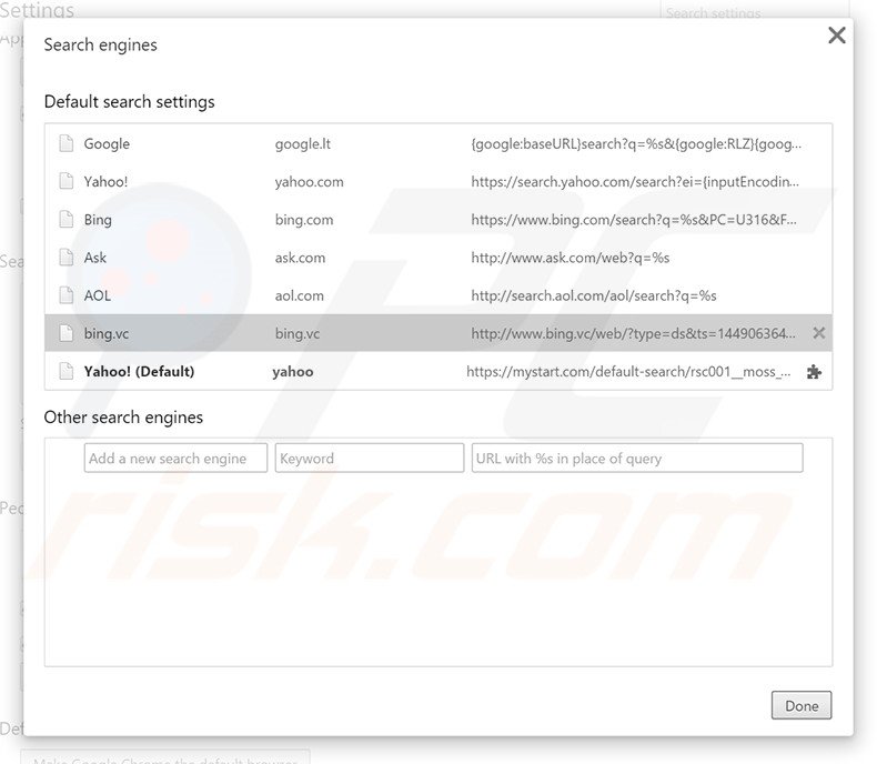 Suppression du moteur de recherche par défaut de bing.vc dans Google Chrome 