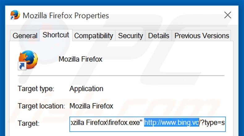 Suppression du raccourci cible de bing.vc dans Mozilla Firefox étape 2