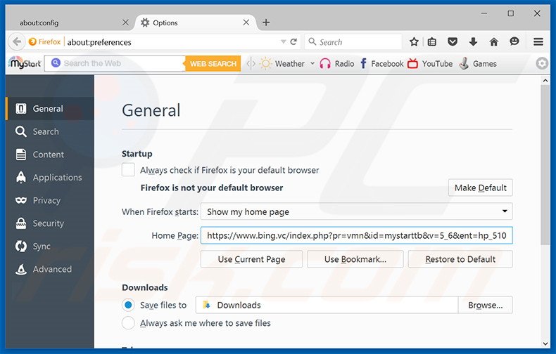 Suppression de la page d'accueil de bing.vc dans Mozilla Firefox 