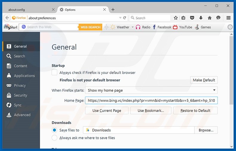 Suppression de la page d'accueil de bing.vc dans Mozilla Firefox 