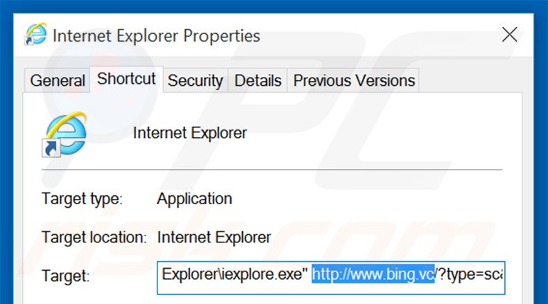 Suppression du raccourci cible de bing.vc dans Internet Explorer étape 2
