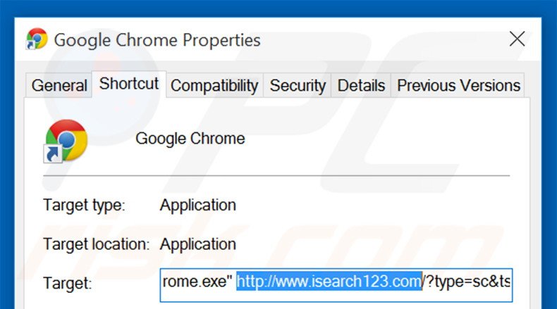 Suppression du raccourci cible d'isearch123.com dans Google Chrome étape 2