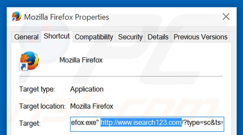 Suppression du raccourci cible d'isearch123.com dans Mozilla Firefox étape 2