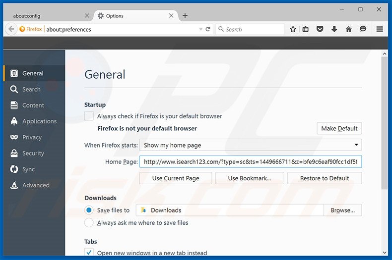 Suppression de la page d'accueil d'isearch123.com dans Mozilla Firefox 