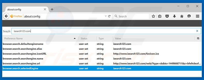 Suppression du moteur de recherche par défaut d'isearch123.com dans Mozilla Firefox 