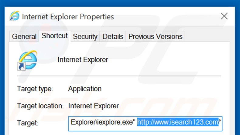 Suppression du raccourci cible d'isearch123.com dans Internet Explorer étape 2