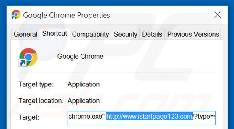 Suppression du raccourci cible d'istartpage123.com dans Google Chrome étape 2