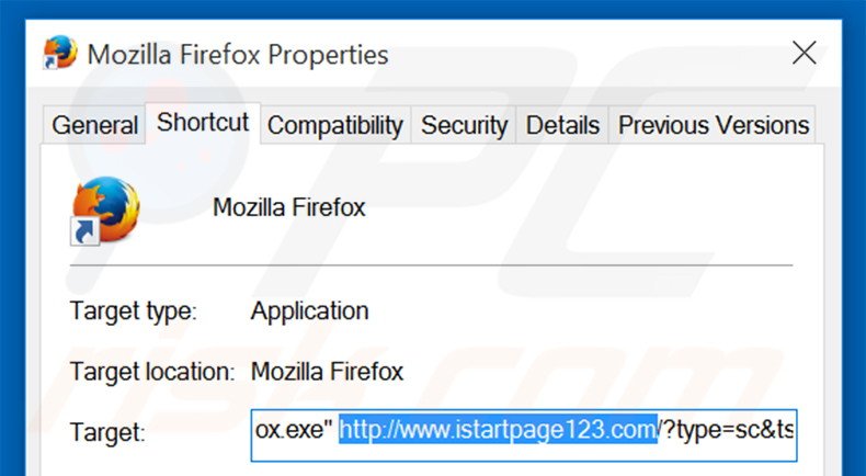 Removing istartpage123.com from Mozilla Firefox shortcut target step 2