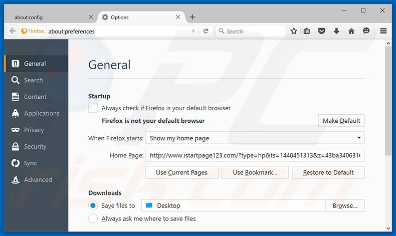 Suppression de la page d'accueil d'istartpage123.com dans Mozilla Firefox 