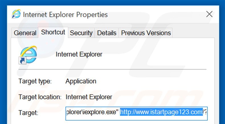 Suppression du raccourci cible d'istartpage123.com dans Internet Explorer étape 2
