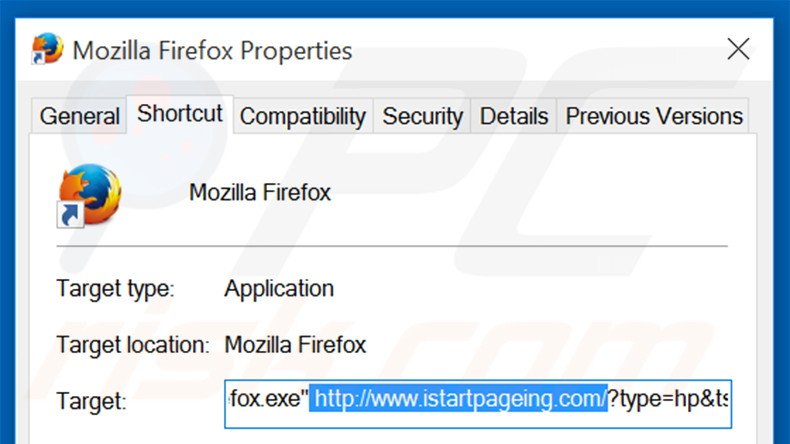 Suppression du raccourci cible d'istartpageing.com dans Mozilla Firefox étape 2