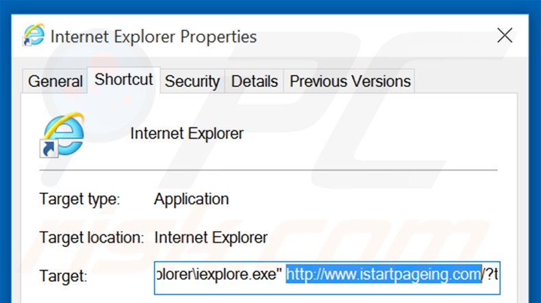 Suppression du raccourci cible d'istartpageing.com dans Internet Explorer étape 2