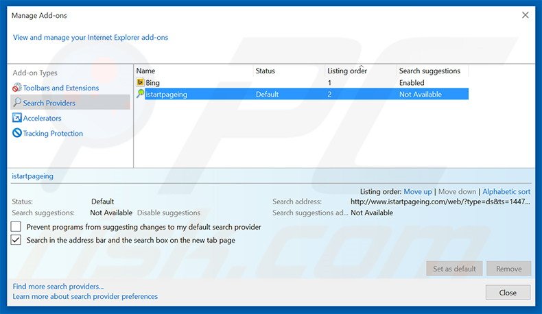 Suppression du moteur de recherche par défaut d'istartpageing.com dans Internet Explorer 