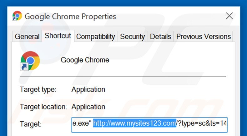 Suppression du raccourci cible de mysites123.com dans Google Chrome étape 2