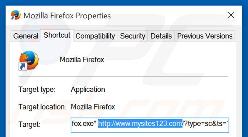 Suppression du raccourci cible de mysites123.com dans Mozilla Firefox étape 2