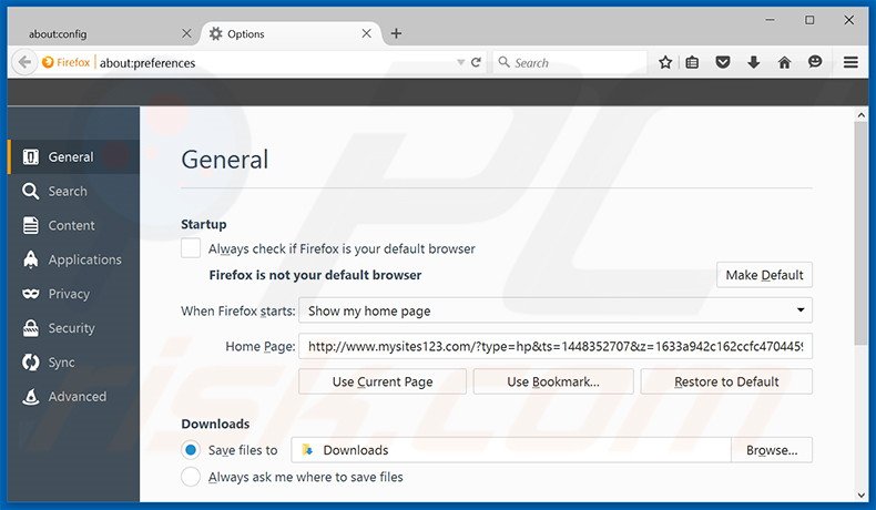 Suppression de la page d'accueil de mysites123.com dans Mozilla Firefox 