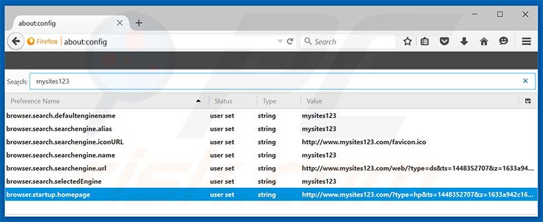 Suppression du moteur de recherche par défaut de mysites123.com dans Mozilla Firefox 