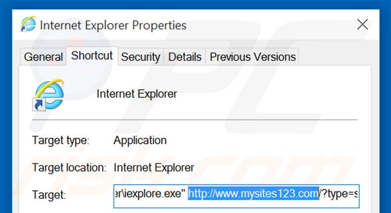 Suppression du raccourci cible de mysites123.com dans Internet Explorer étape 2