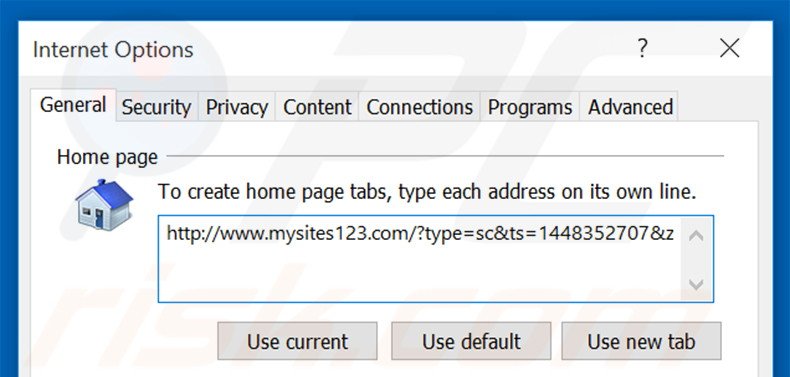Suppression de la page d'accueil de mysites123.com dans Internet Explorer 