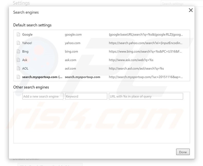 Suppression du moteur de recherche par défaut de search.mysportsxp.com dans Google Chrome 