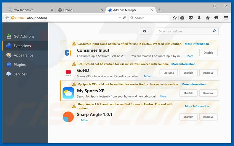 Suppression des extensions reliées à search.mysportsxp.com dans Mozilla Firefox 