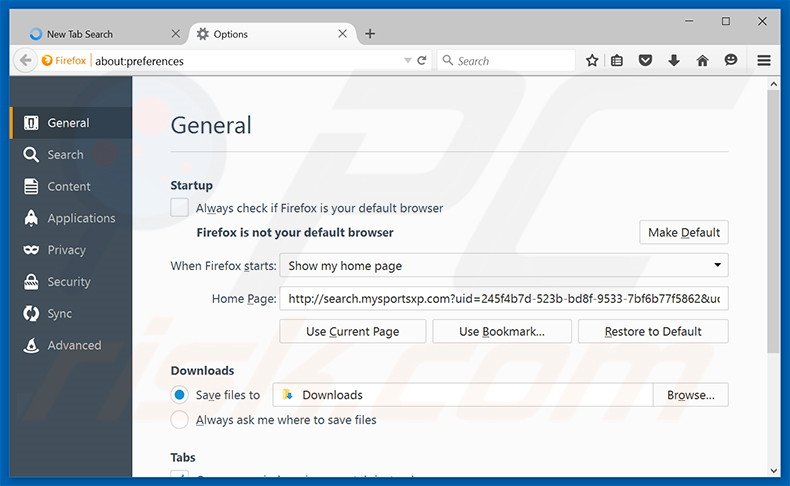 Suppression de la page d'accueil de search.mysportsxp.com dans Mozilla Firefox 