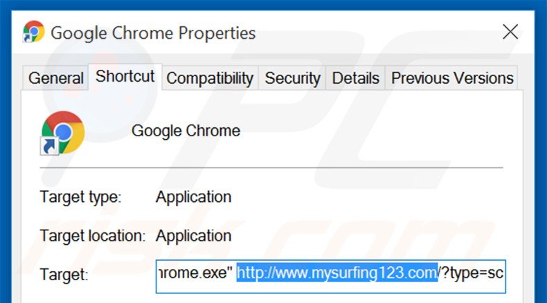 Suppression du raccourci cible de mysurfing123.com dans Google Chrome étape 2