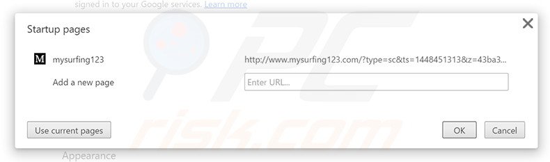 Suppression de la page d'accueil de mysurfing123.com dans Google Chrome 