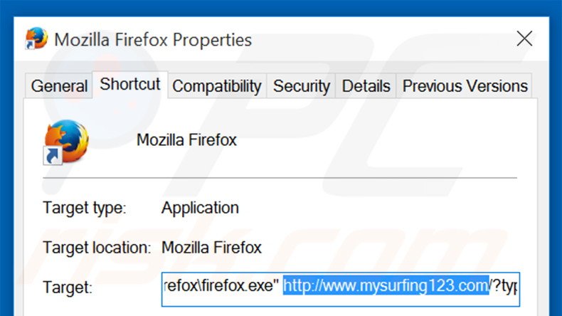 Suppression du raccourci cible de mysurfing123.com dans Mozilla Firefox étape 2