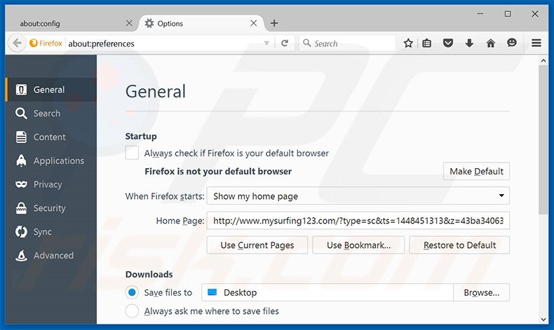 Suppression de la page d'accueil de mysurfing123.com dans Mozilla Firefox 
