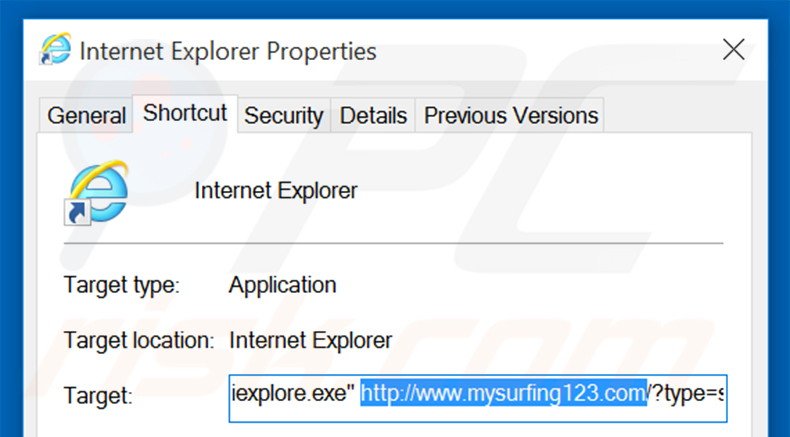 Suppression du raccourci cible de mysurfing123.com from Internet Explorer étape 2