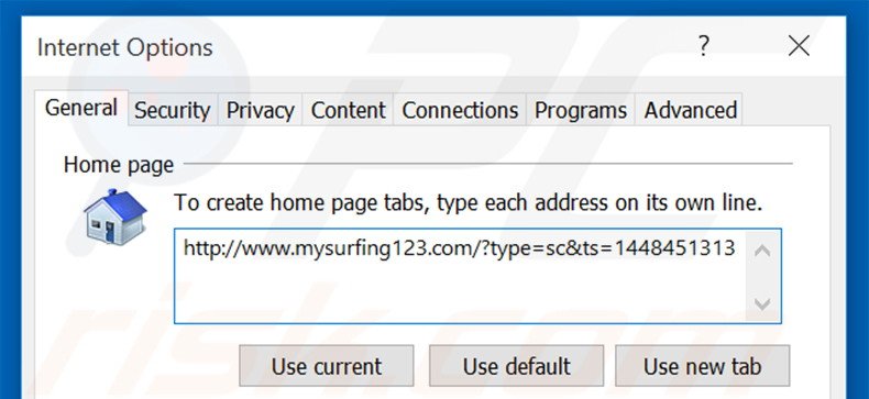 Suppression de la page d'accueil de mysurfing123.com dans Internet Explorer 