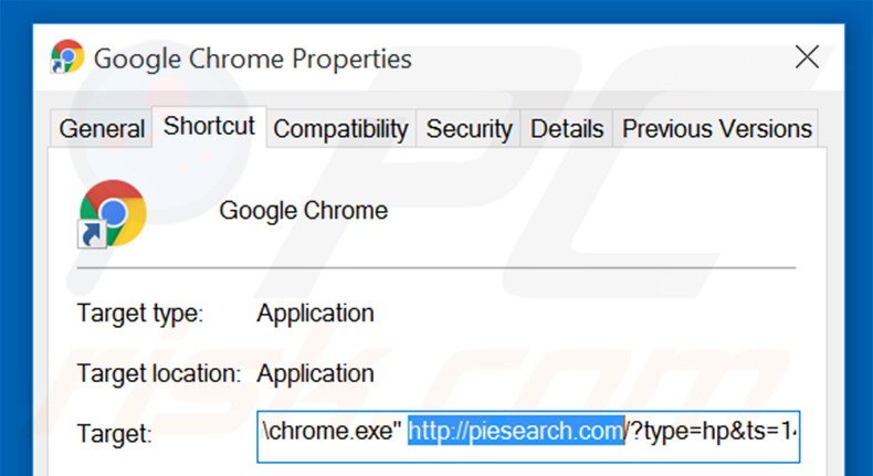 Suppression du raccourci cible de piesearch.com dans Google Chrome étape 2