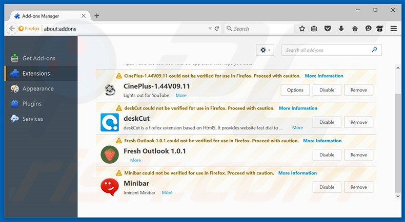 Suppression des extensions reliées à piesearch.com dans Mozilla Firefox 