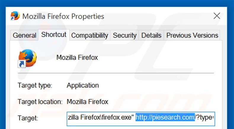 Suppression du raccourci cible de piesearch.com dans Mozilla Firefox étape 2