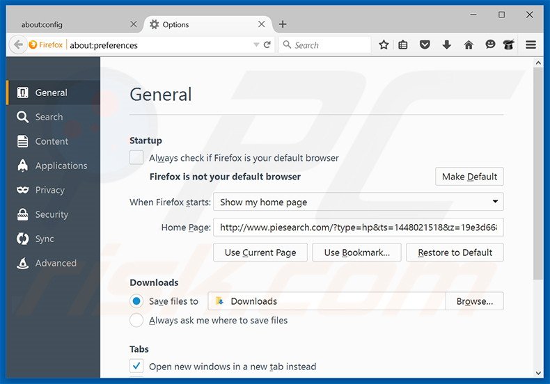 Suppression de la page d'accueil de piesearch.com dans Mozilla Firefox